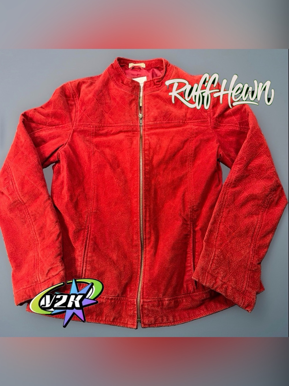 Ruff Hewn Jacket Womens M Red Genuine Leather Suede Full Zip Moto Quilted Y2K